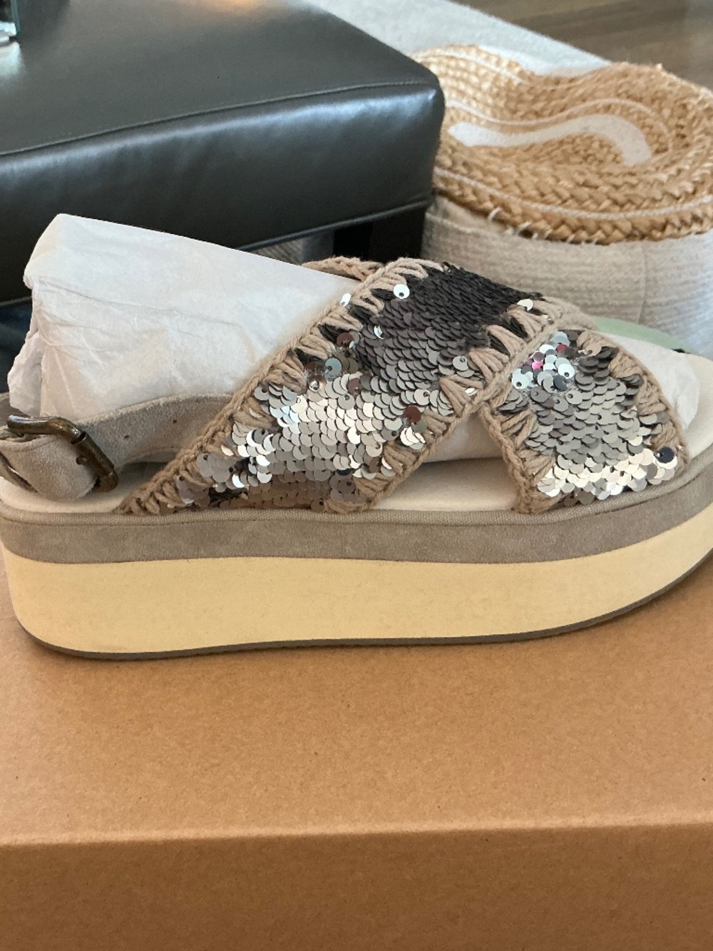 MOU Flatform CrissCross Sequin Sandal- Size 37